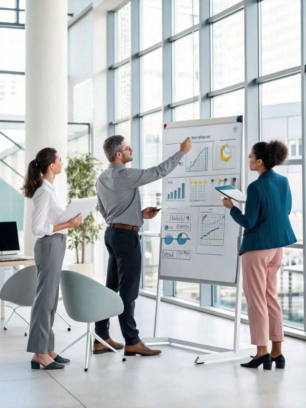A consultant is shown analyzing operational workflows with a client team, identifying areas for improvement and optimization in a collaborative setting. The image represents Sixth Wave Solutions' operational transformation service.
